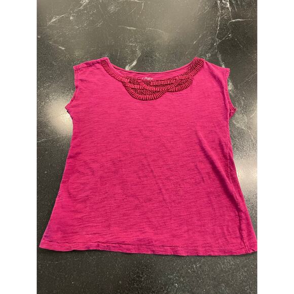 Ann Taylor LOFT 100% Cotton Raspberry Pink tee with ruffle neckline XS - Picture 1 of 7
